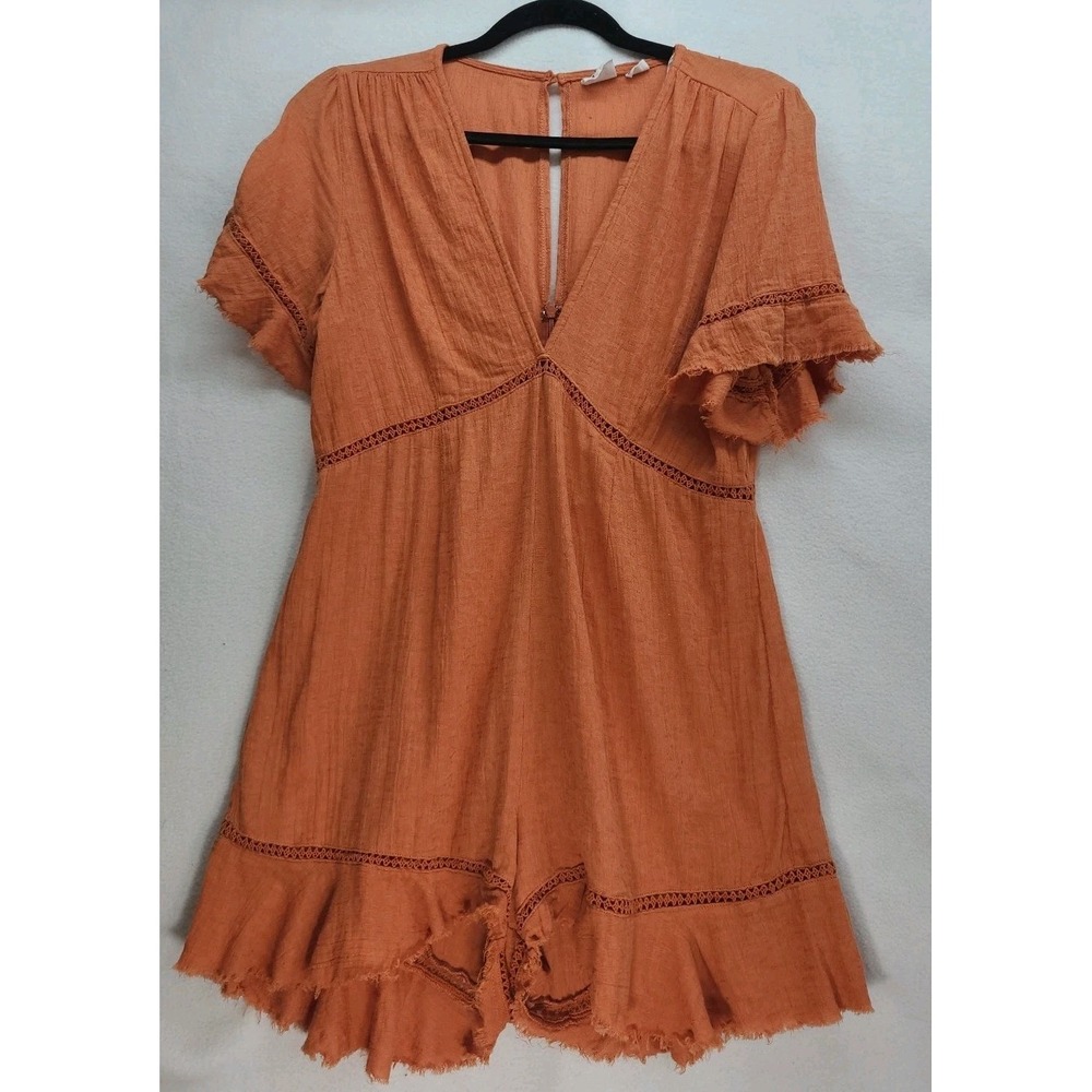 Somedays Lovin by Anthropologie Dk Coral Romper M V Neck Zip Button Loop Closure